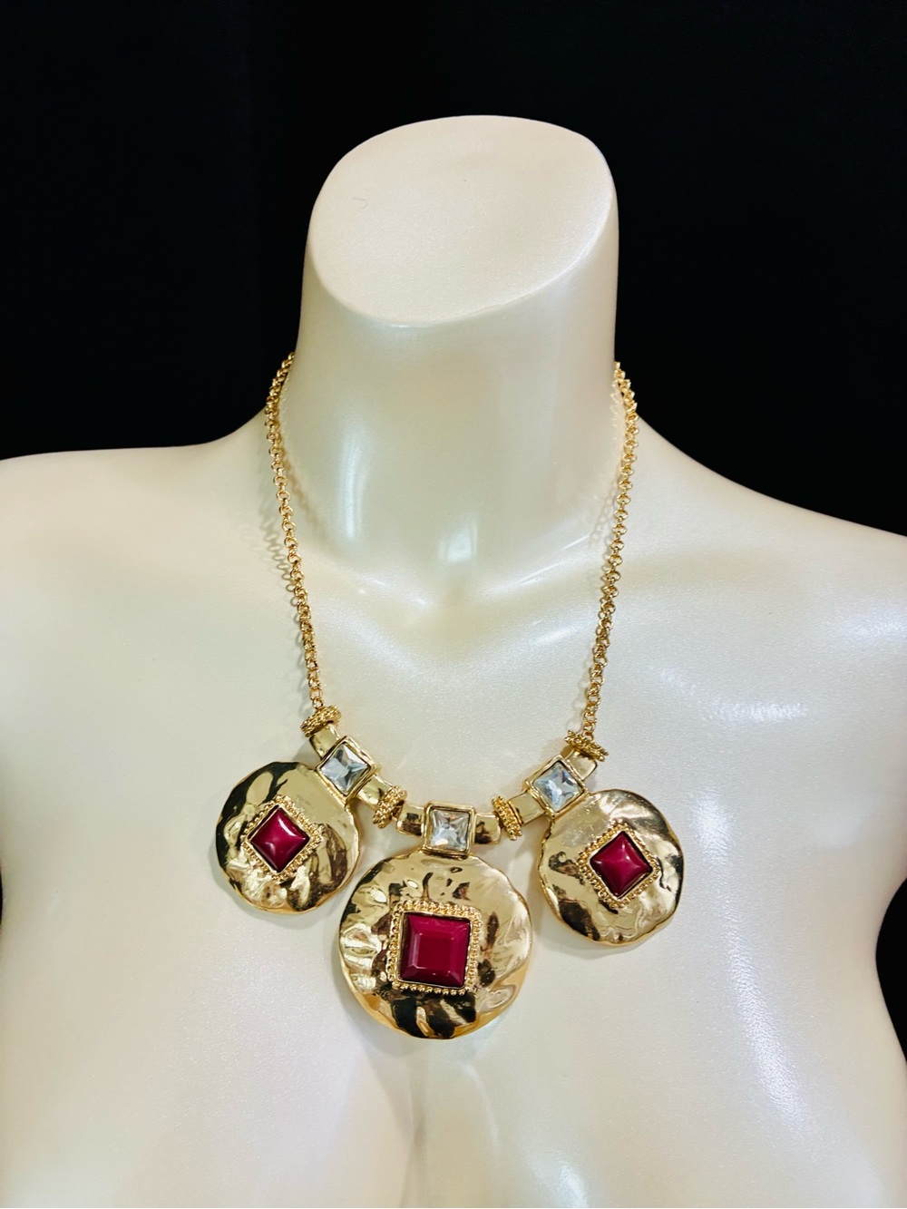 Gold-Tone Statement Necklace Red Acrylic Faux Gem Accents Renaissance Revival